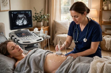 OB Ultrasound at Home Sonographer performing a pregnancy ultrasound at a patient's home