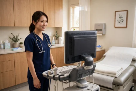 Vascular Ultrasound Mobile Sonographer beside an ultrasound machine in a clinic room