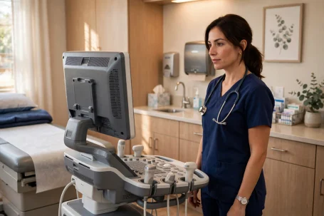 Screening Ultrasound mobile Sonographer beside an ultrasound machine in a private room