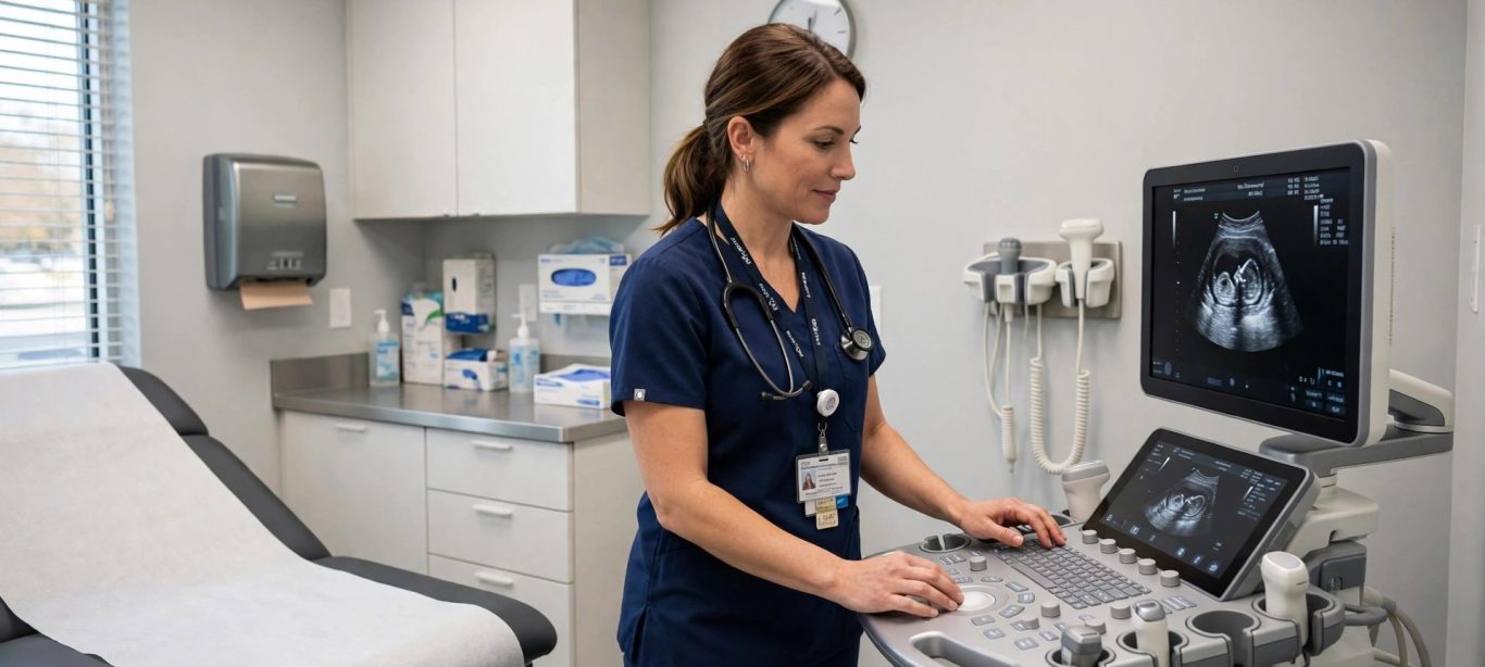 Mobile ultrasound in a clinic Sonographer in navy scrubs at an ultrasound machine beside an exam table in a clinic room