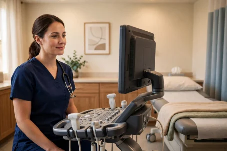 Echocardiogram-Heart Ultrasound Mobile Sonographer beside an ultrasound machine in a clinic room