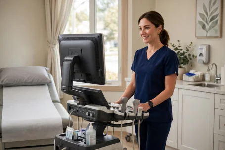 Abdominal Ultrasound Mobile Sonographer beside an ultrasound machine