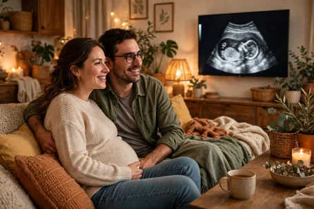 3D Keepsake at Home Expecting family watching a live ultrasound on their television at home